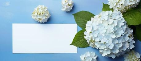 uma Careca Visão do uma lindo composição apresentando hortensia flores e uma em branco cartão em uma luz foto