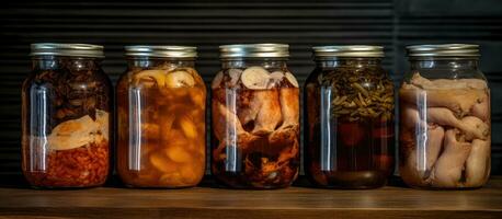 vidro containers preenchidas com vários tipos do aves de capoeira carne, tal Como ganso, pato, e frango, estão foto