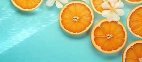 uma tema de verão fundo com laranja fruta fatias dentro uma natação piscina é uma criativo e refrescante foto