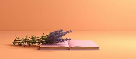 a laranja livro ou uma caderno é visto com lavanda flores dentro em uma Rosa fundo, com foto