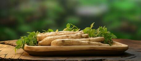 ginseng raízes e fatias estão colocada em uma retangular de madeira prato contra uma natural fundo foto