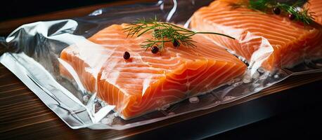 salmão filetes embalado dentro uma vácuo selo. uma cozinhando método chamado sou-vide, que usa Novo foto