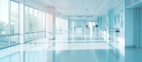 embaçado hospital corredor com uma luxuoso e abstrato Projeto. a interior do a clínica é foto
