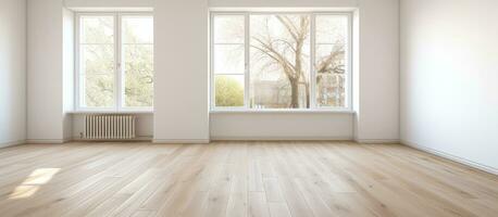 esvaziar quarto depois de renovação- lá estão dois janelas, branco paredes, e uma de madeira chão dentro a Novo foto