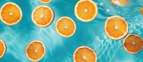 uma tema de verão fundo com laranja fruta fatias dentro uma natação piscina é uma criativo e refrescante foto