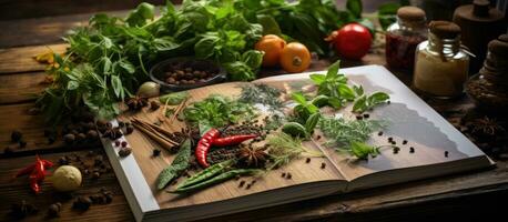 impressão receita livro com fresco ervas e especiarias em de madeira fundo. foto