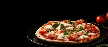 prato com delicioso margherita pizza e tomate molho em uma luz texturizado pano de fundo. foto