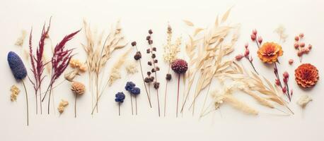 mínimo estilo fotografia apresentando seco flores arranjado dentro uma criativo e natural composição, foto