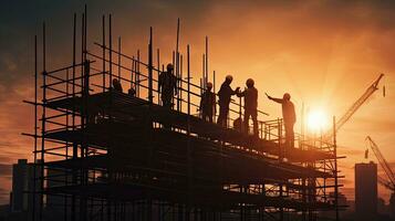 trabalhadores construir casas em alta andaimes sem segurança engrenagem industrial e contemporâneo urbano construção configuração trabalhador proteção dentro trabalho seguro foto