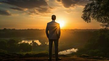 homem de negocios dentro natureza às nascer do sol representando sucesso e Novo oportunidades foto