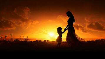 mãe e criança silhueta contra uma pôr do sol foto