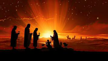 Jesus nascimento piedosos família e cometa às alvorecer foto