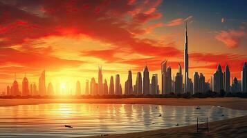 dentro a Unidos árabe Emirados a cativante cidade do dubai vitrines uma extraordinário cidade Centro Horizonte e renomado Jumeirah de praia durante pôr do sol foto