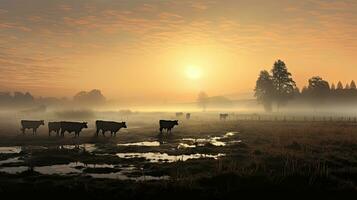 vacas pastar dentro uma Prado com orvalho coberto Relva e manhã névoa com uma nebuloso nascer do sol dentro a fundo foto