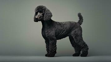 Preto poodle fotografado dentro de casa em uma cinzento superfície foto