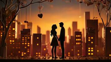 cidade edifícios dentro desenho animado estilo realista miniatura edifícios com luzes dentro a fundo silhuetas do uma romântico casal dentro frente do uma noite cidade com seletivo foco foto