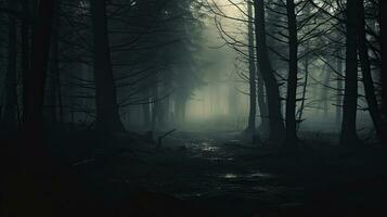 assustador enevoado floresta em uma frio nebuloso manhã foto