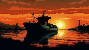 pôr do sol silhueta do uma carga navio foto