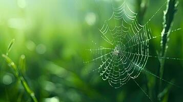 Alto qualidade foto do uma aranha dentro uma rede em uma verde fundo com seletivo foco