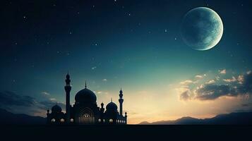 mesquitas com cúpula em crepúsculo céu crescente lua símbolo espaço para árabe texto representando islâmico religião e feriados foto