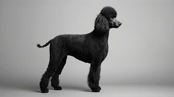 Preto poodle fotografado dentro de casa em uma cinzento superfície foto