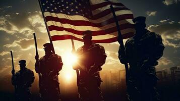 soldados saudando contra pôr do sol nascer do sol EUA bandeira cumprimento cartão para patriótico celebrações foto