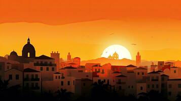 espanhol estilo casas e telhados delineado de uma vibrante laranja pôr do sol céu foto