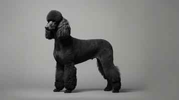 Preto poodle fotografado dentro de casa em uma cinzento superfície foto