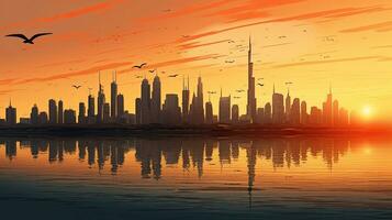 dentro a Unidos árabe Emirados a cativante cidade do dubai vitrines uma extraordinário cidade Centro Horizonte e renomado Jumeirah de praia durante pôr do sol foto