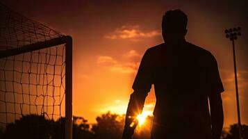 silhueta do goleiro dentro esporte ocupado a partir de atrás foto