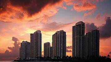 condomínio arranha-céus dentro ensolarado ilhas de praia florida isolado contra colorida verão pôr do sol céu foto