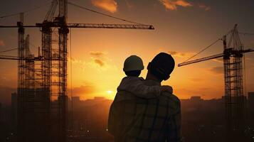 ásia pai e filho abraço dentro frente do imponente edifícios às pôr do sol simbolizando a vinculo entre eles foto