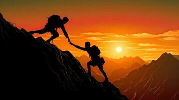 ajudando alpinistas em rochoso montanha às pôr do sol durante uma perigoso situação foto