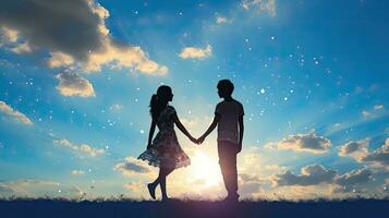 uma casal s silhueta do uma jovem par segurando mãos contra uma azul céu pano de fundo foto