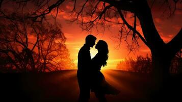 silhuetas do uma homem e mulher dentro uma natureza pôr do sol representando amor foto
