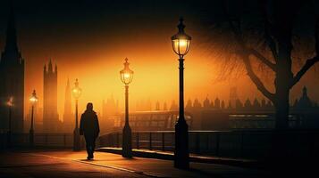 □ Gentil gótico iluminação pública em Westminster ponte emoldurado de borrado Londres ônibus e pessoa no meio desbotando verão pôr do sol foto