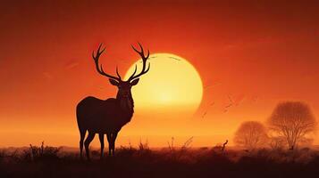 vermelho veado veado silhueta às Reino Unido nascer do sol durante sulco estação foto