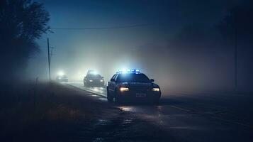 polícia carros dirigindo às noite perseguindo uma carro dentro névoa 911 polícia carro correndo para crime cena foto