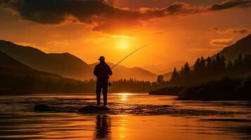 pescador s silhueta contra configuração Sol pano de fundo em rio às pôr do sol foto