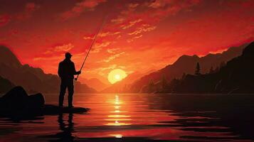 homem pescaria contra uma pôr do sol pano de fundo foto