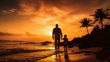 uma pai e filho ligado às pôr do sol em uma bali de praia foto