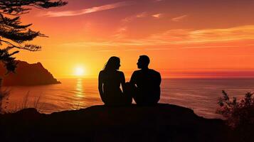 casal sentado separadamente assistindo a pôr do sol sobre a mar foto