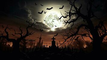 zumbi surge a partir de assustador cemitério em dia das Bruxas noite cheio lua e morcegos foto