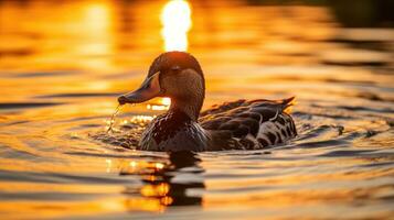 Alto qualidade foto do uma Pato s silhueta dentro água durante pôr do sol