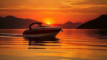 dourado pôr do sol foto com uma Rapidez barco silhueta flutuando em a Sol reflexão capturado durante a tarde