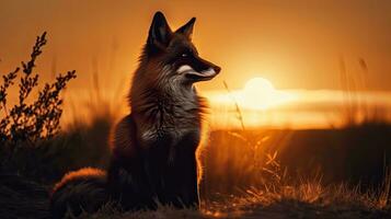 lindo e destreza Raposa silhueta contra pôr do sol dentro natureza animais selvagens conceito foto