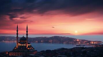 noite Visão a partir de acima do Istambul com a s leymaniye mesquita recortado contra uma vermelho tarde céu e a mar do marmara dentro a fundo foto