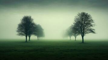 holandês panorama com enevoado clima e árvores em uma verde campo foto