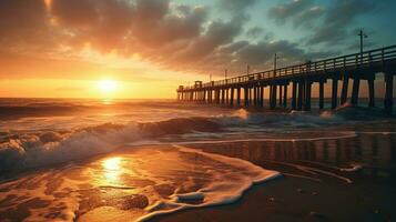 recortado de madeira cais em pilhas durante pôr do sol dentro Califórnia s oceanside beira-mar recorrer ao longo a pacífico oceano maré tropical de praia horário de verão litoral Férias com uma foto
