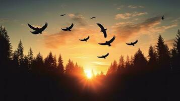 pássaros vôo sobre uma floresta durante pôr do sol s silhueta foto